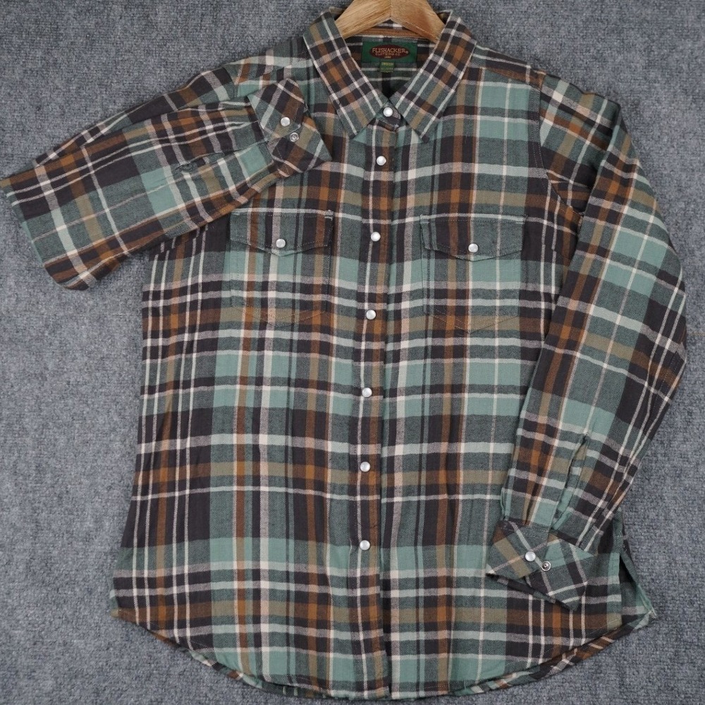 Flyshacker Flannel Shirt Womens M Green Brown Plaid Pearl Snap Western Cotton